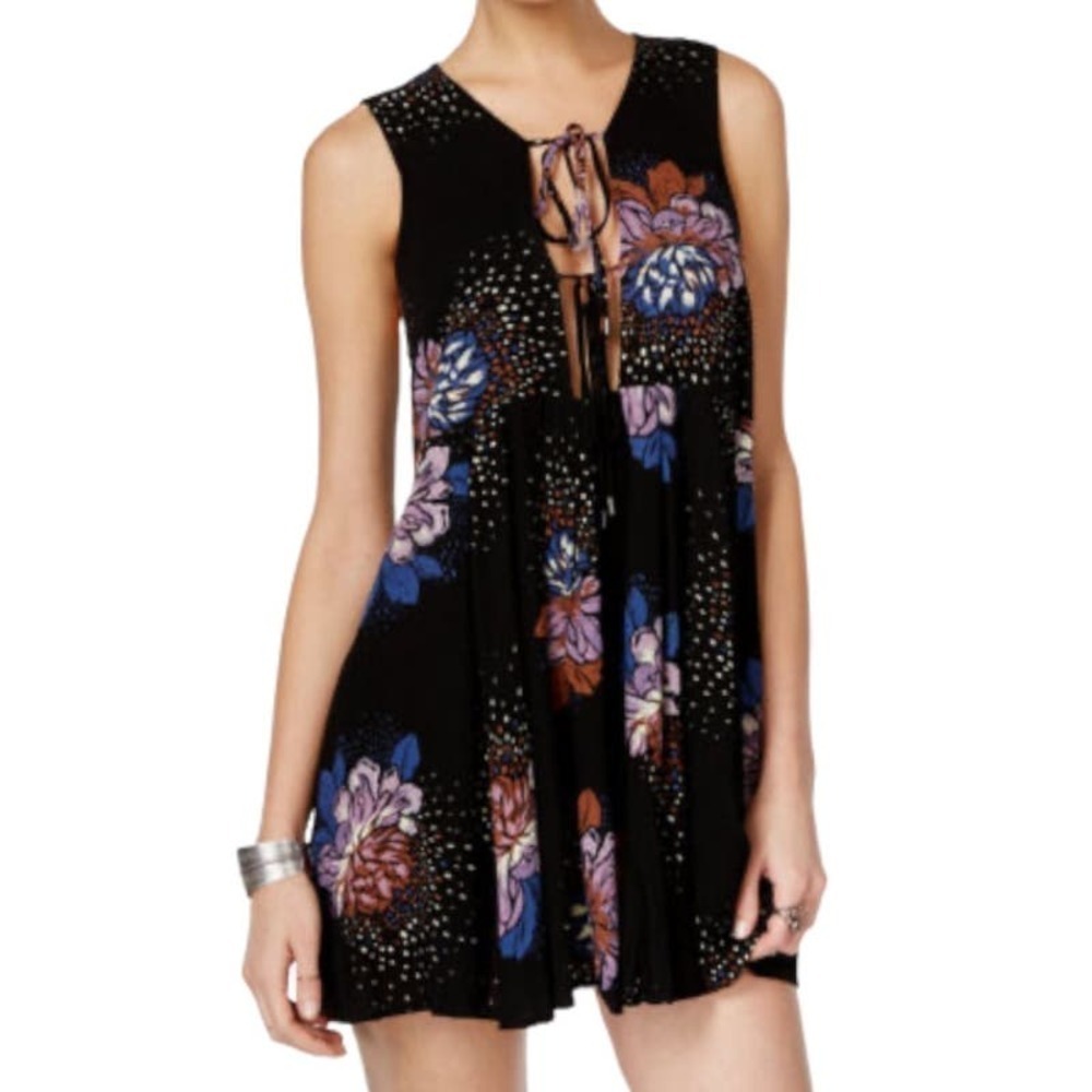 Free People Tunic Small Oversized Black Floral Size Small